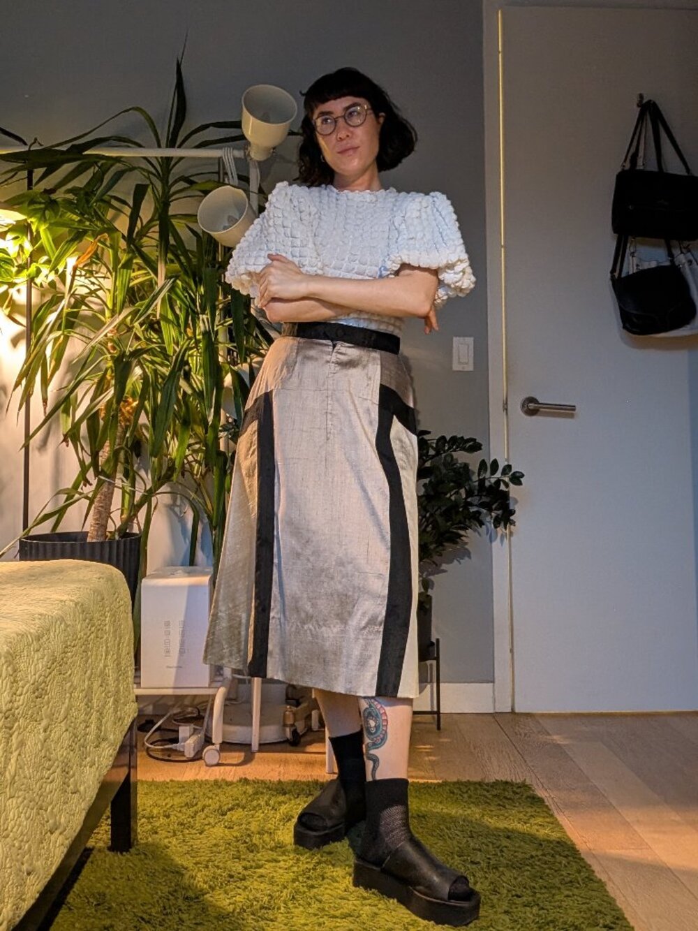 VINTAGE Italian silk A-line skirt in monochrome, size S (estimated)